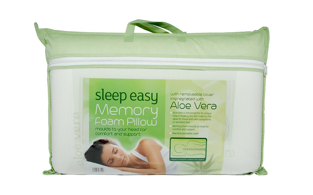 The Aloe Vera Memory Foam Pillow in its green packaging.