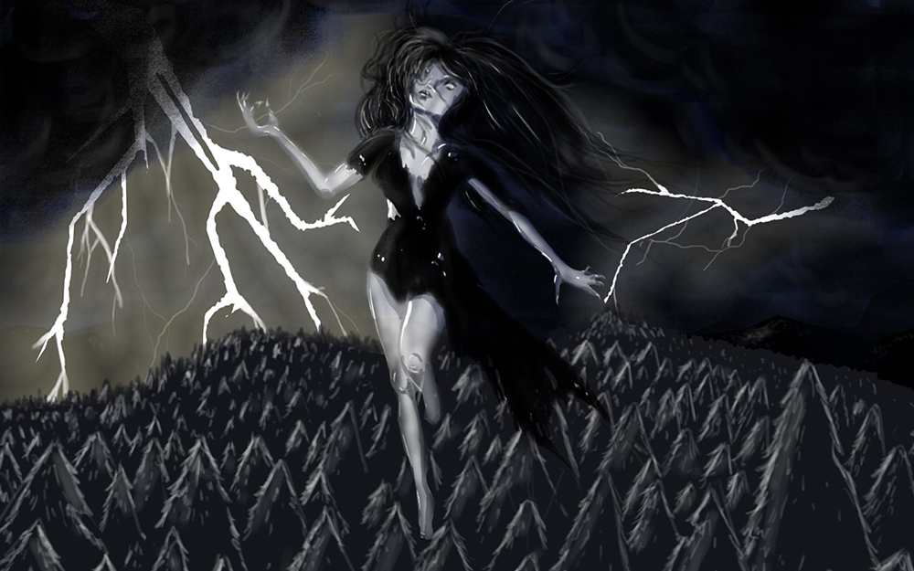 Illustration of a large woman dancing in a forest during a storm