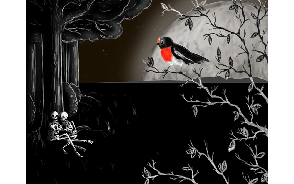 Illustration of a robin watching two skeletons in a forest