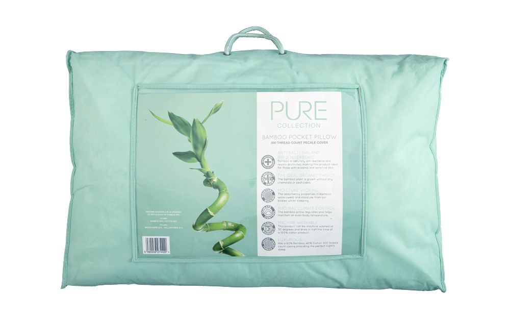 The Pure Collection Bamboo Pocket Pillow in its teal packaging.