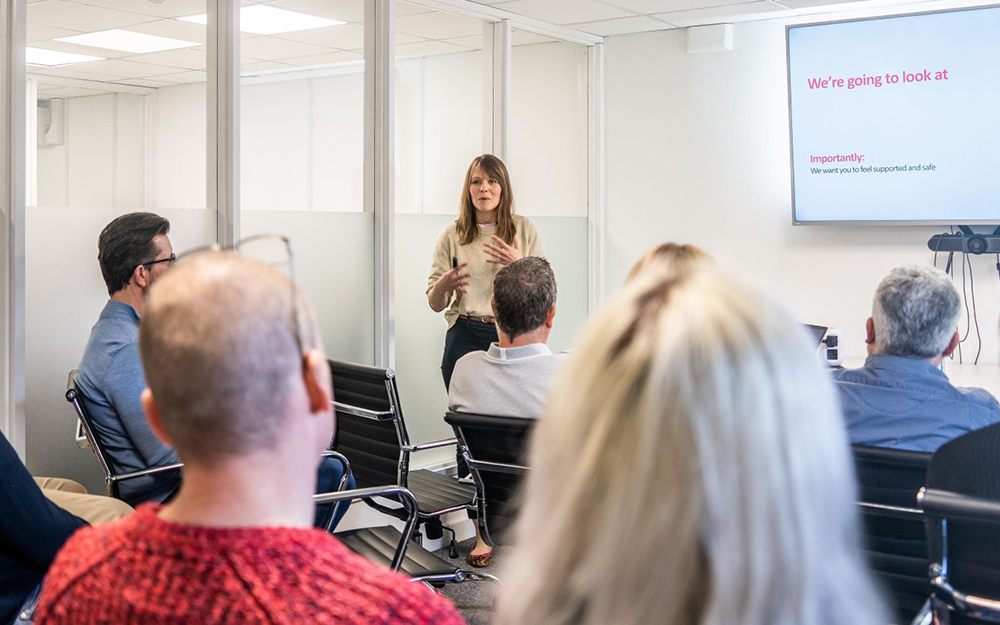 Chloe Angus from Cavendish Cancer Care leading a Stress Awareness course to Mattress Online.