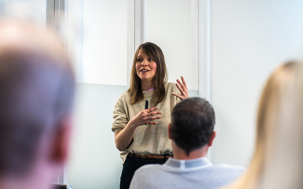 Chloe Angus, Cavendish Cancer Care therapist, providing a Stress Awareness health and wellbeing course to Mattress Online staff.