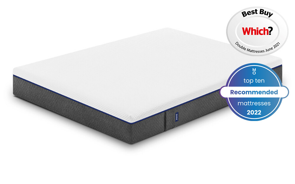 The Emma Original Mattress with a Which? Best Buy for June 2021 and a Top 10 Recommended Mattress for 2022 badge.