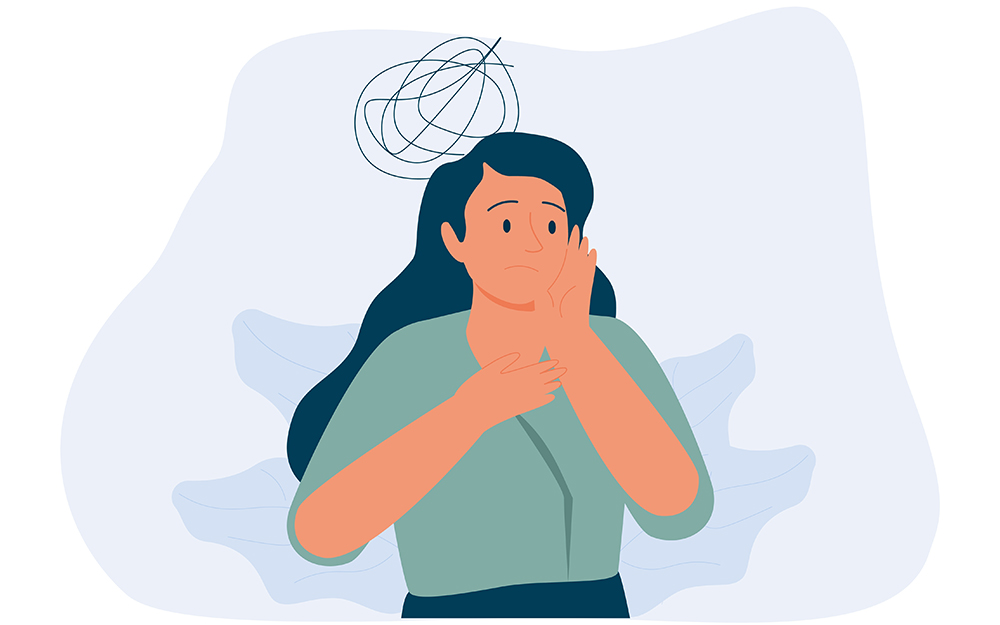 An illustration of a woman who feels anxious with a worried expression on her face.