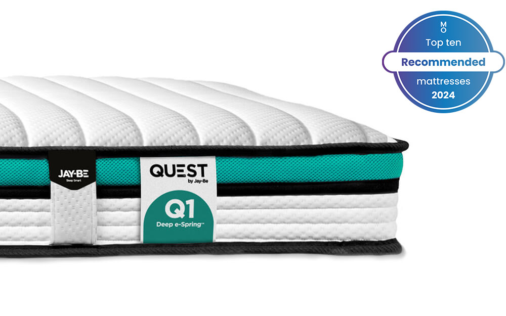 Image of the Jay-Be QUEST Q1 Deep e-Spring Childrens Mattress against a white background. Included in the image is a badge overlay stating that this mattress is one of Mattress Online's top ten recommended mattresses of 2024.