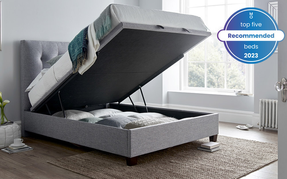 Novo Luminaire Ottoman Bed Frame in a grey bedroom with ottoman storage open - one of our top 5 recommended beds 2023