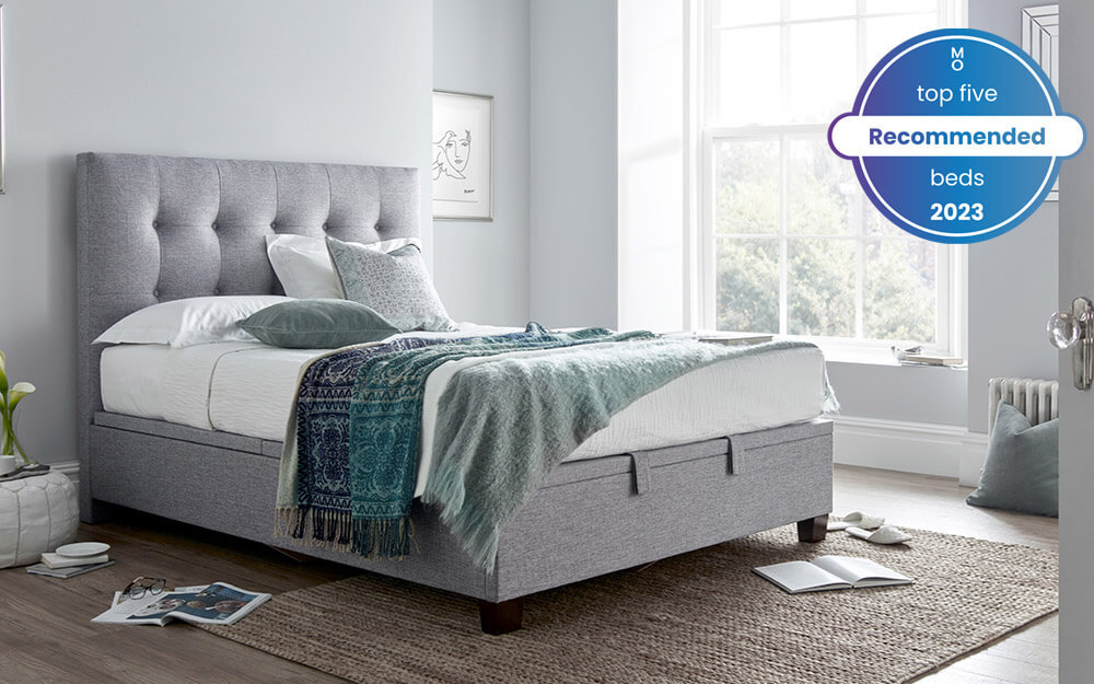 Novo Luminaire Ottoman Bed Frame in a grey bedroom - one of our top 5 recommended beds 2023