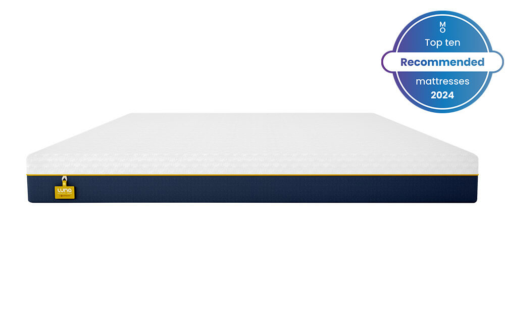 Image of the Luna Memory 1000 Pocket Mattress against a white background.  Included in the image is a badge overlay stating that this mattress is one of Mattress Online's top ten recommended mattresses of 2024.