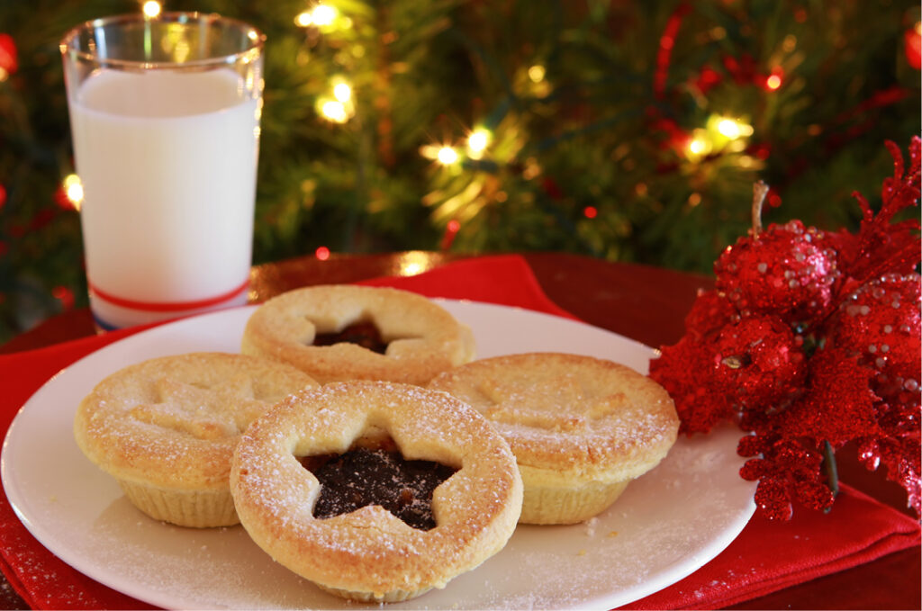 Plate of mince pies with milk at Christmas