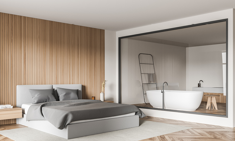 Minimalist bedroom with wood panelling