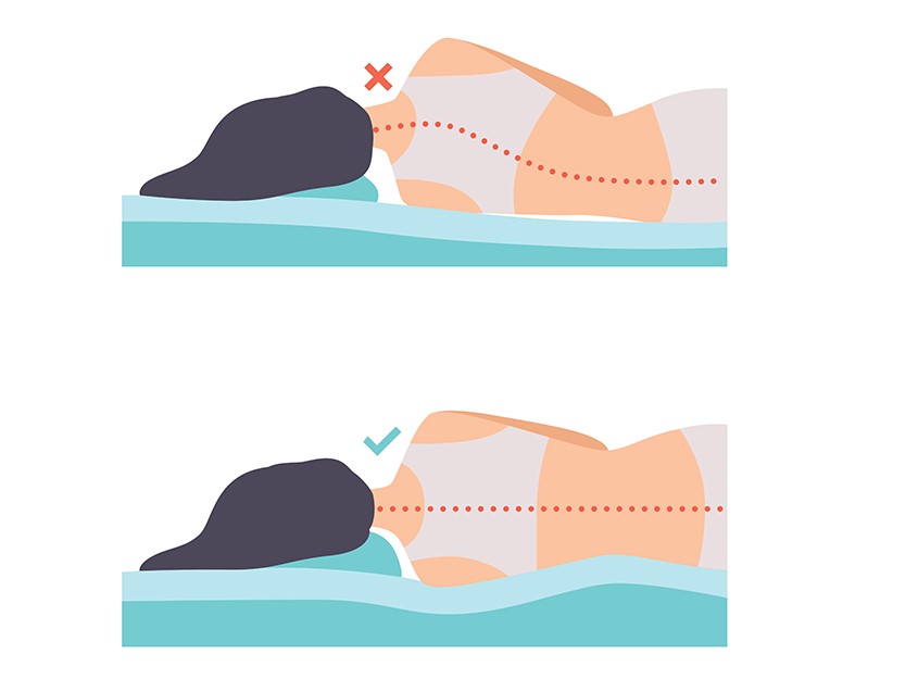 Two illustrations depicting how the woman's spine should be straight when she sleeps on her side, using a deeper pillow to support the woman's neck.