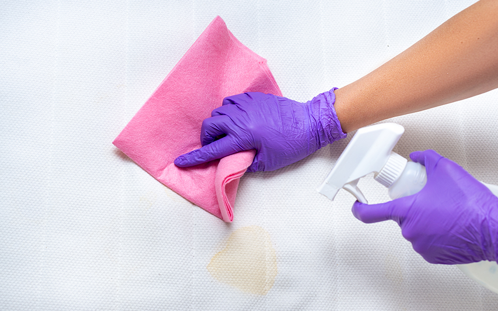 Person removing stains from a mattress