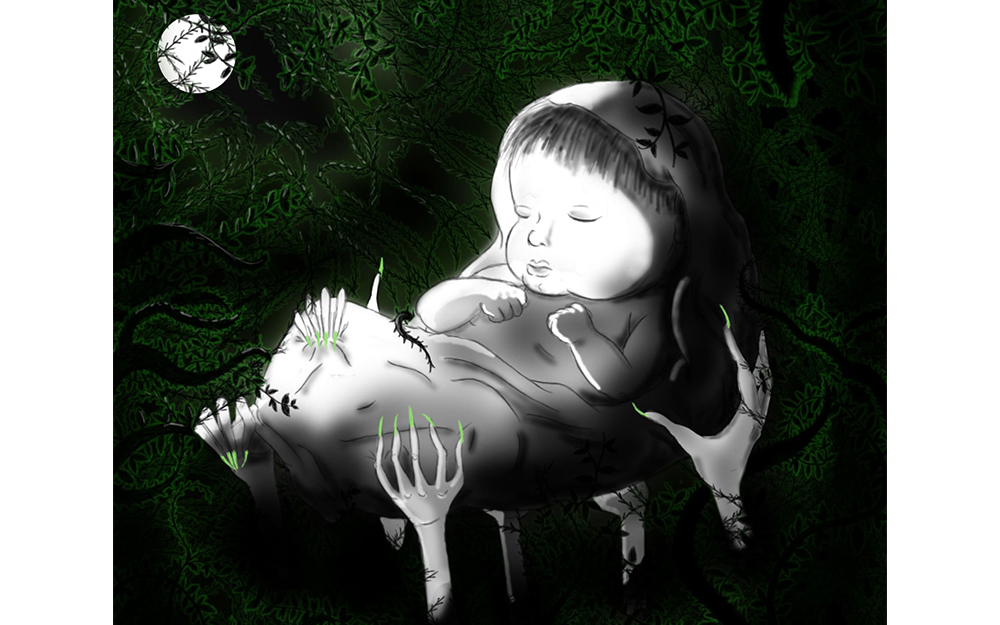 Illustration of a baby being held by skeletal hands in a forest