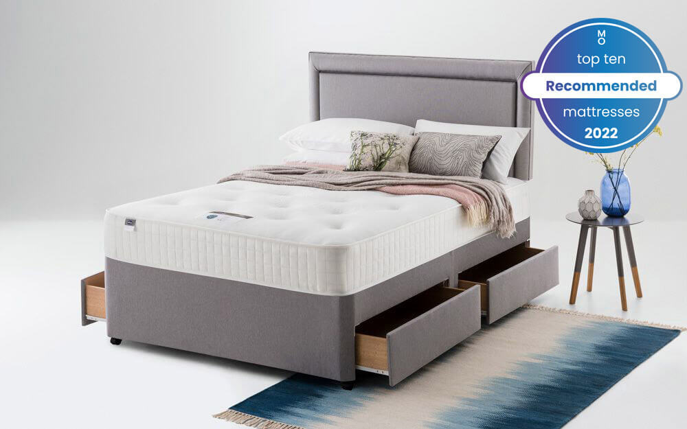 The Silentnight Athens 1400 Mirapocket Ortho Mattress in a white bedroom with a blue rug and small side table - one of our top 10 recommended mattresses 2022