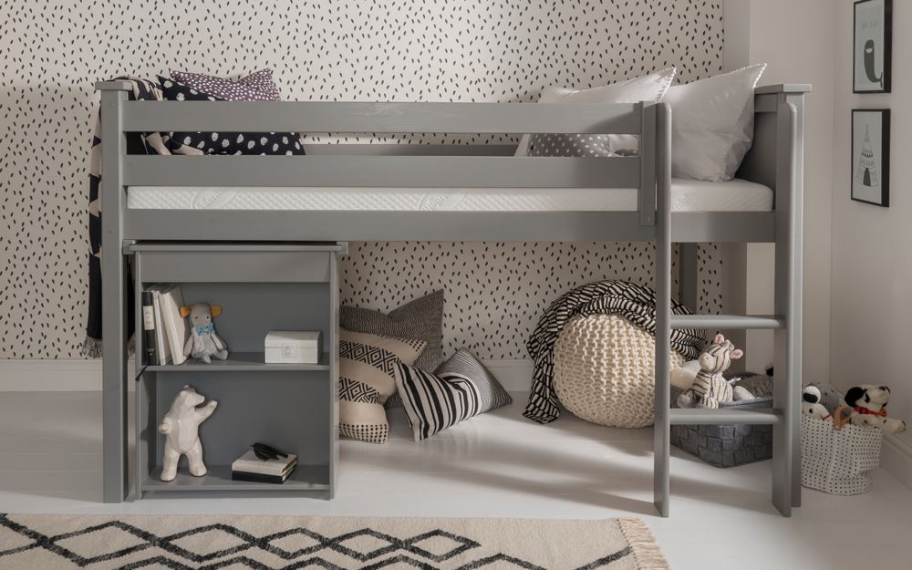 A grey bunk bed in a children's room