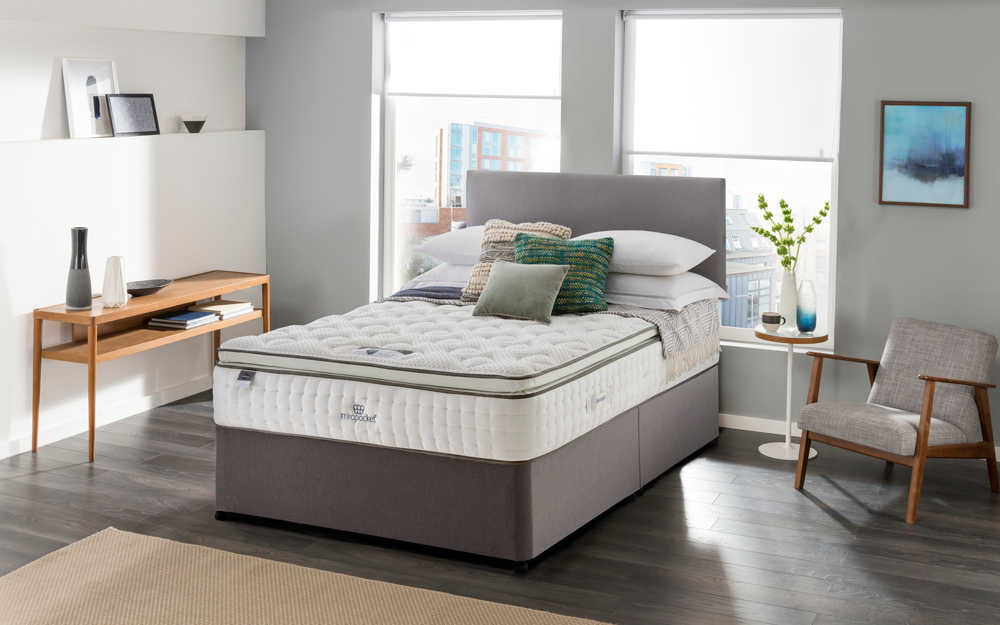 Silentnight Geltex 1000 Mirapocket Pillow Top Mattress in a grey bedroom