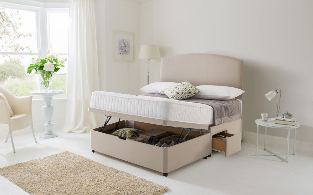 The Silentnight Essentials Mirapocket 1000 Divan Bed, with a half-opening ottoman storage compartment opening from the end of the bed, plus drawers