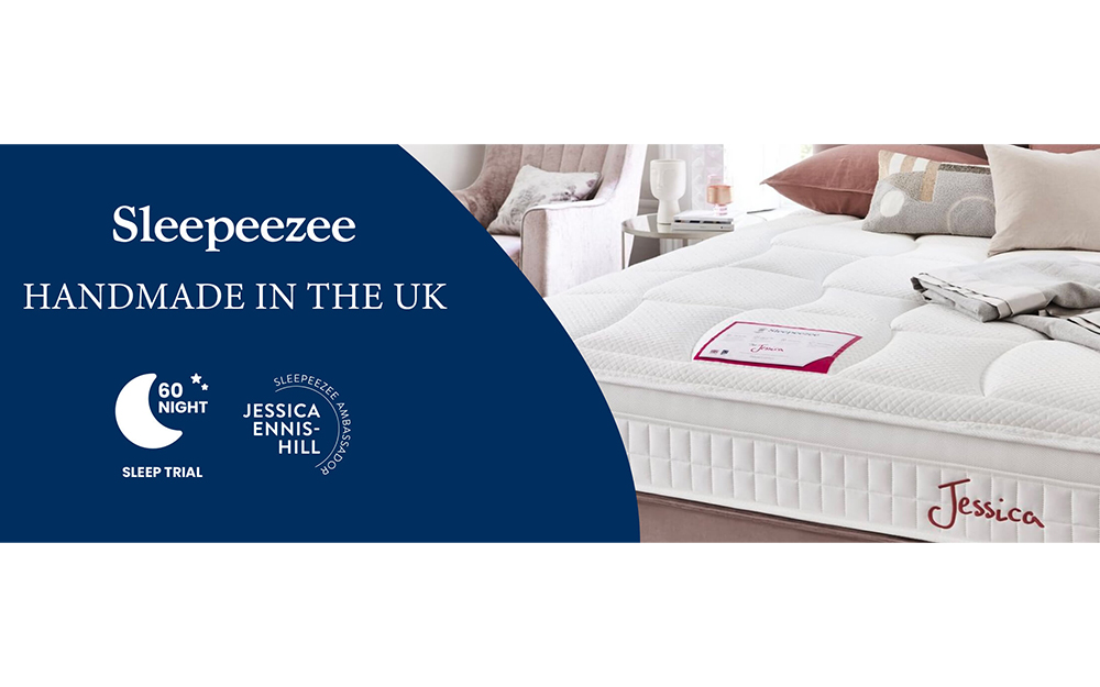 A Sleepeezee banner that reads 'Handmade in the UK, 60-Night Sleep Trial and Jessica Ennis-Hill, Sleepeezee Ambassador