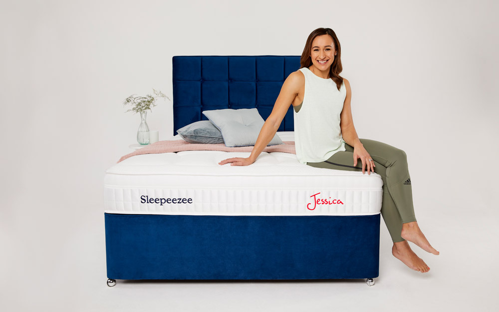 Jessica Ennis-Hill sitting on the Sleepeezee Jessica 1800 Pocket Gel Mattress