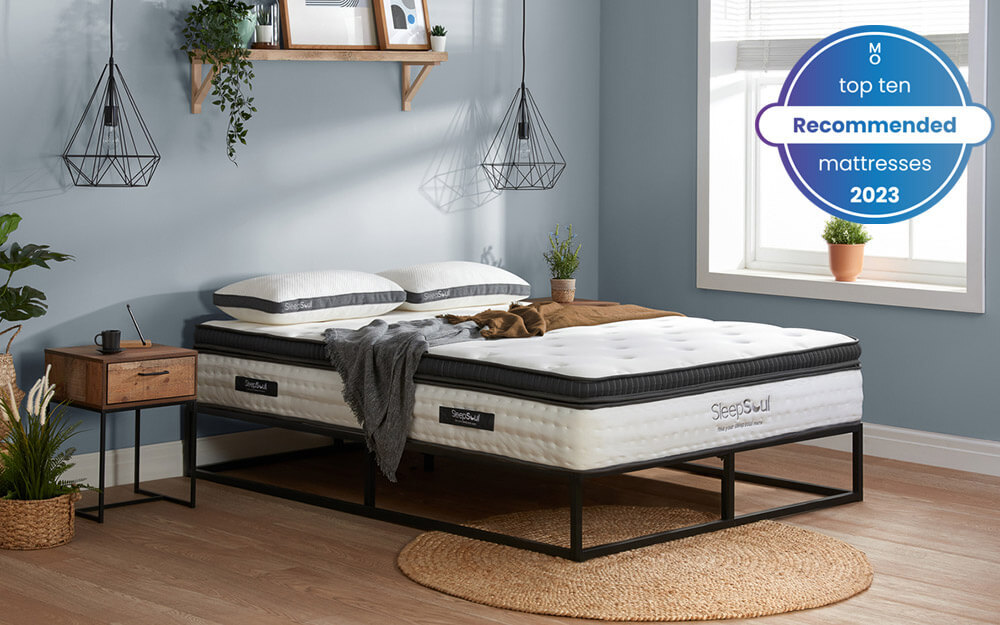 The SleepSoul Luna 1000 Pocket Memory Pillow Top Mattress in a blue bedroom - one of oour top 10 mattresses 2023