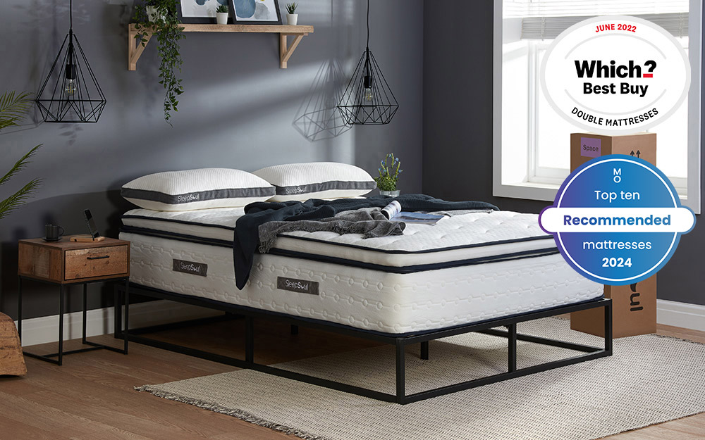 Image of the SleepSoul Space 2000 Pocket Memory Pillow Top Mattress on top of a black metal bed frame. Included in the image is a badge overlay stating that this mattress is one of Mattress Online's top ten recommended mattresses of 2024. Another badge overlay on the image states that this mattress was awarded a Which? best buy in 2022.