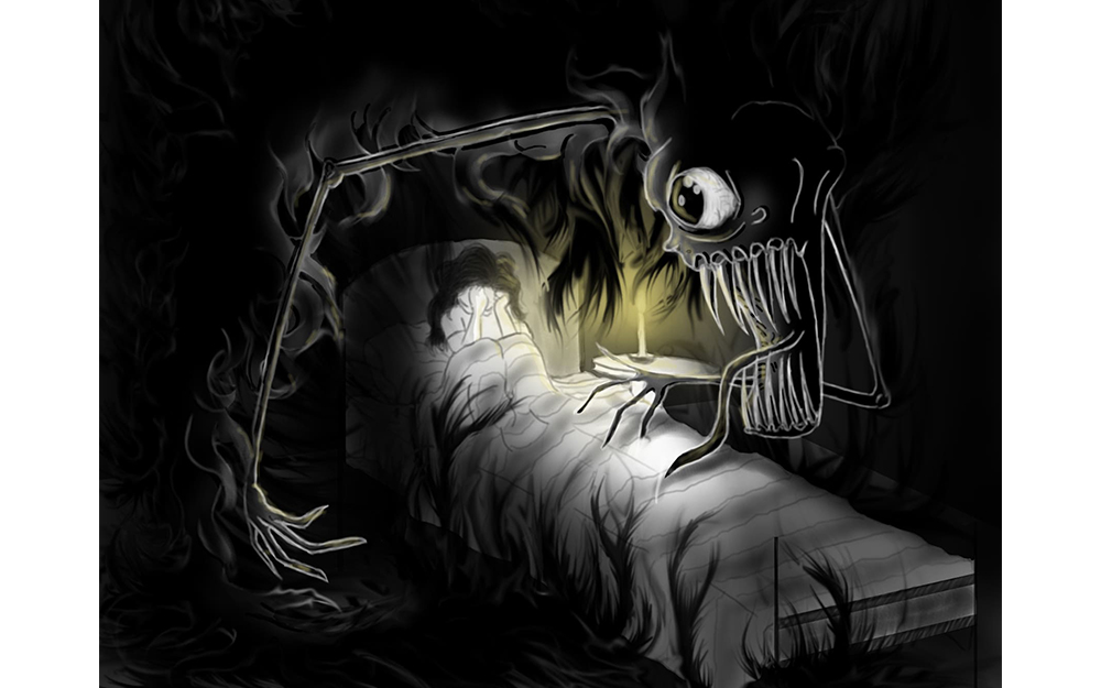 Illustration of a young girl crying in bed while a large, one eyed monster surrounds her