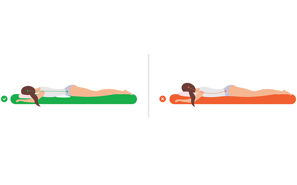 Two diagrams showing how a person can use a thin pillow under their hips to create a straight spinal alignment