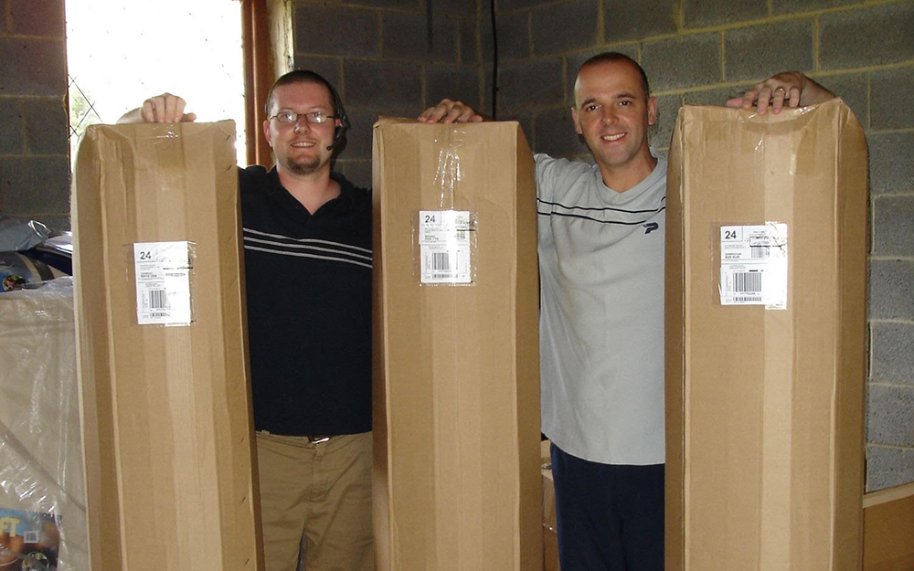 Steve Adams and Steve Kelly with the first mattresses they sent out for delivery.
