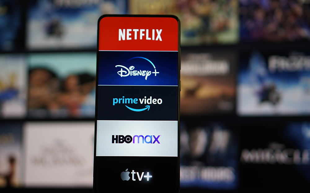 The names of the top streaming services: Netflix, Disney Plus, Prime Video, HBO Max and Apple TV