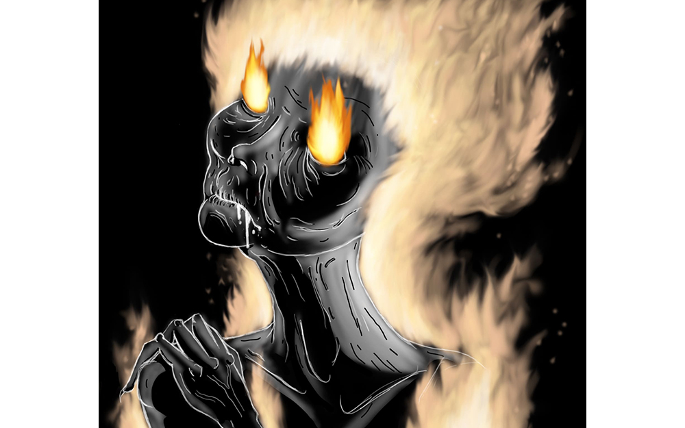 An illustration of an old woman with fire for eyes and hair