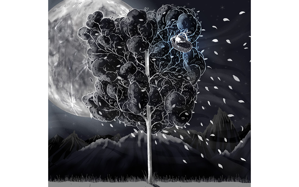 Illustration of a baby's cradle stuck in a tree on a windy night