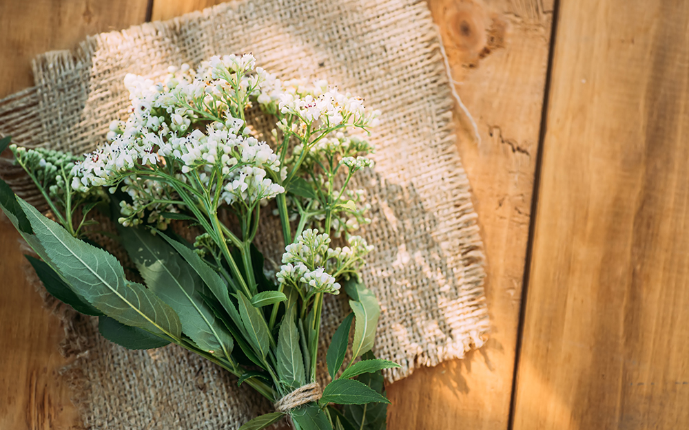 Valerian bouquet on a wooden table