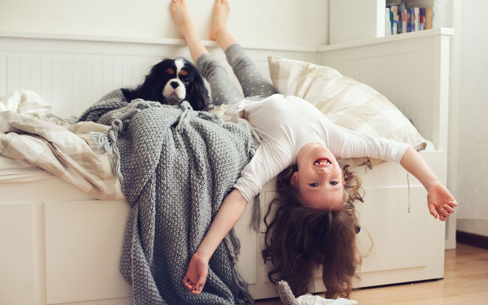 A little girl on a small single bed with a dog